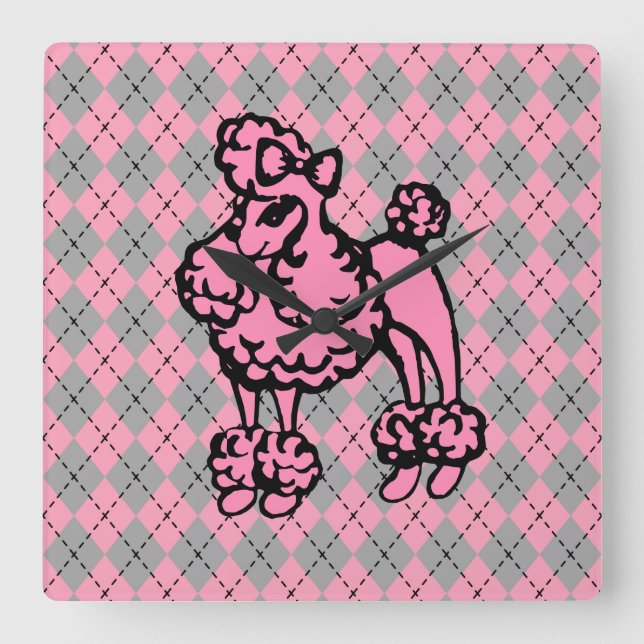 Retro Pink French Poodle Geschenk Quadratische Wanduhr (Vorderseite)