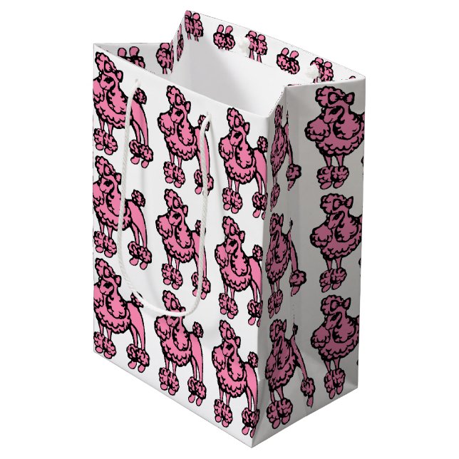 Retro Pink French Poodle Geschenktasche Mittlere Geschenktüte (Vorderseite Schrägansicht)