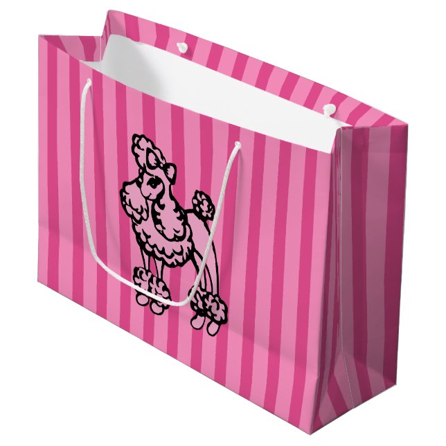 Retro Pink French Poodle Strip Party Geschenktasch Große Geschenktüte (Vorderseite Schrägansicht)