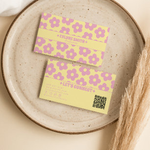 Retro Pink Gelber QR-Code Groovy Floral Weiblich 7 Visitenkarte