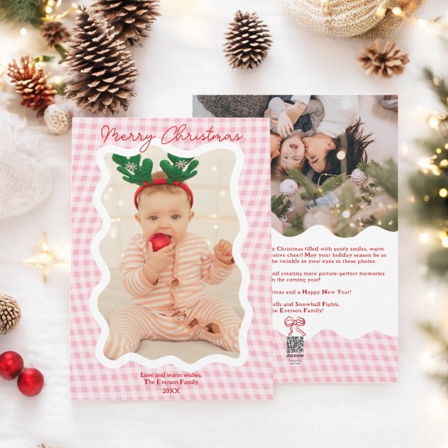 Retro Pink Gingham Frohe Weihnachten Wavy 2 Fotos (Retro Pink Gingham Merry Christmas Wavy 2 photos Holiday Card)