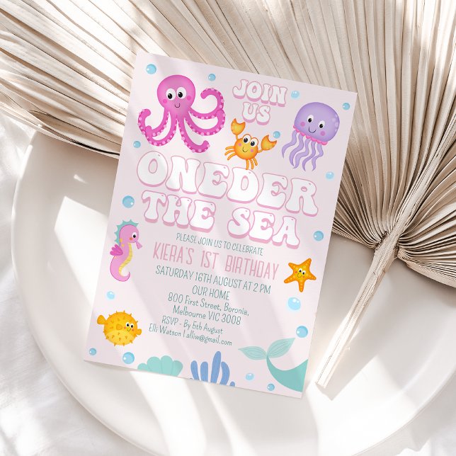 Retro Pink Girls Onethe Sea Erster Geburtstag Einladung (Pink Oneder the Sea 1st Birthday Invitation Template Baby Girl Under Sea 1st Birthday Invitation)