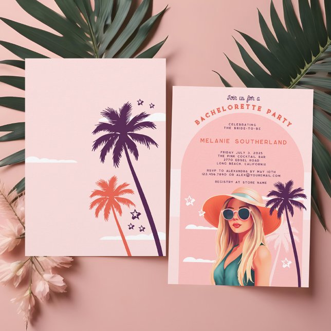 Retro Pink Girly Beach Junggeselinnen-Abschied Einladung (Retro Pink Girly Beach Bachelorette Party Invitation)