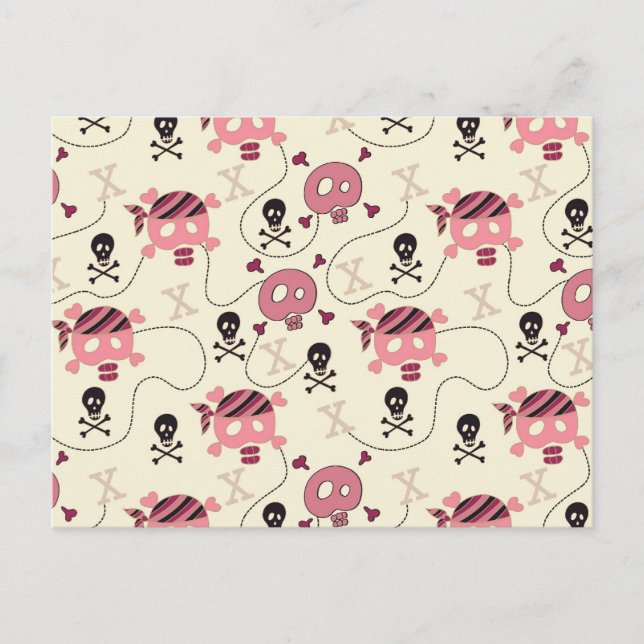 Retro Pink Girly Skull und Knochen Postkarte (Vorderseite)