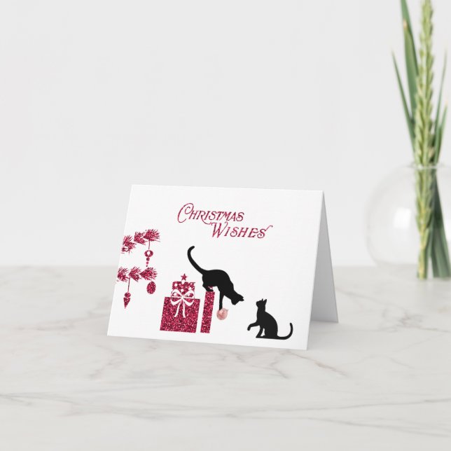 Retro Pink Glitzer und Black Cat Weihnachtskarte Karte (Vorderseite)