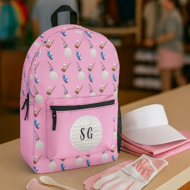 Retro Pink Golf Patternmonogramm Bedruckter Rucksack (Your new go‑to golf backpack pretty, practical, and perfectly paired with pro‑shop essentials.)