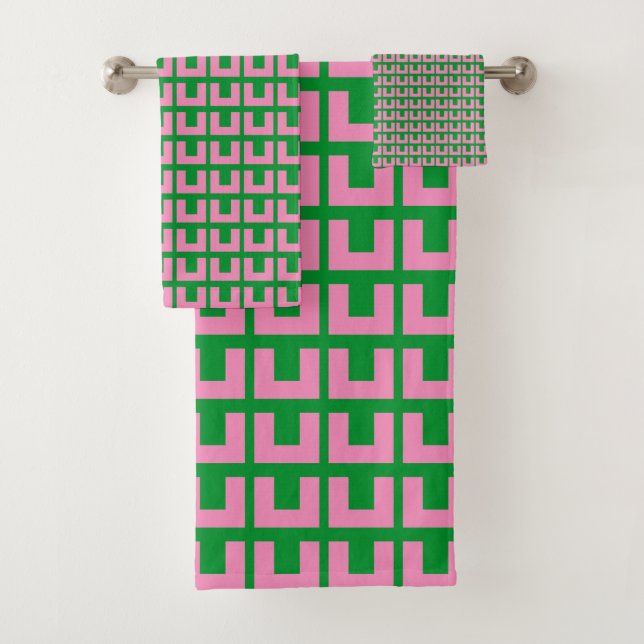 Retro Pink Green Geometric Mitte Jahrhundert Moder Badhandtuch Set (Insitu)