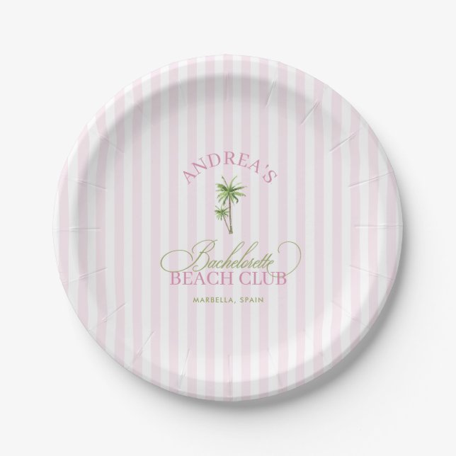 Retro Pink & Green Palm Tree Beach Bachelorette Pappteller (Vorderseite)