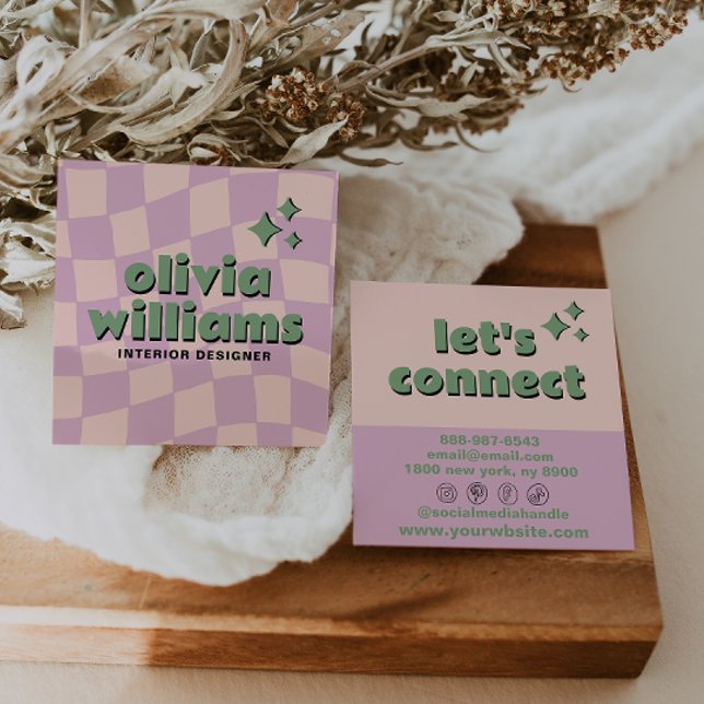 Retro Pink Green Pastel Groovy Checkered Girly Fun Quadratische Visitenkarte (Von Creator hochgeladen)