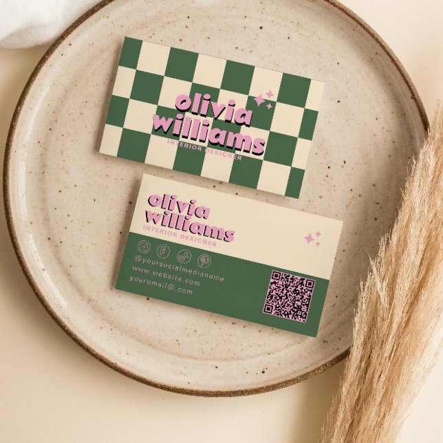 Retro Pink Green QR Code Groovy Checkered Funky Visitenkarte (Von Creator hochgeladen)