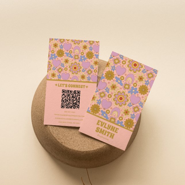 Retro Pink Green QR Code Groovy Floral Girly Visitenkarte (Von Creator hochgeladen)