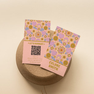 Retro Pink Green QR Code Groovy Floral Girly Visitenkarte