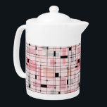 Retro Pink Grid and Sternexplosionen Teapot<br><div class="desc">In diesem Retro Pink Grid and Sternexplosionen Teapot trifft sich Vintager Stil mit dem modernen Tag. Es hat einen hellrosa Hintergrund mit kitschigen, abseits von Kästchen und Rechtecken in Taubengrau und drei Rosatönen. Die skurrilen Farbblöcke werden überlagert und in einige Rasterschnittstellen bearbeitet. Es gibt auch schwarze Rechtecke mit schwarzen vertikalen...</div>