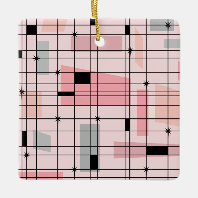 Retro Pink Grid und Sternexplosionen Weihnachtssch Keramikornament (Vorderseite)