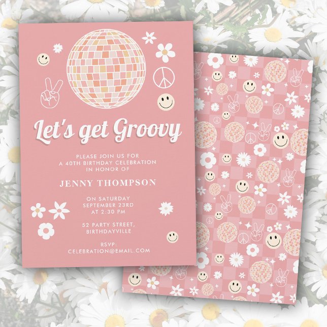 Retro Pink Groovy Checkered Hippie Disco Geburtsta Einladung (Retro Pink Groovy Checkered Hippie Disco Birthday Invitation)