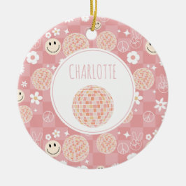 Retro Pink Groovy Checkered Hippie Kinder Mädchen Keramik Ornament