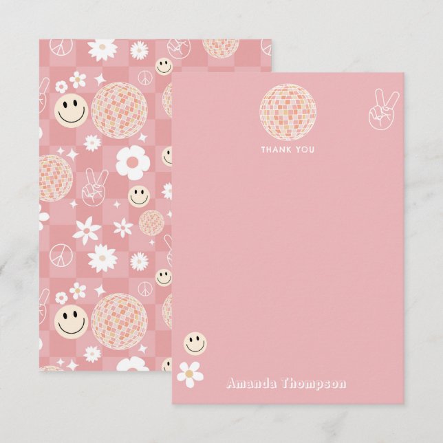 Retro Pink Groovy Checkered Hippie Muster Dankeskarte (Vorne/Hinten)