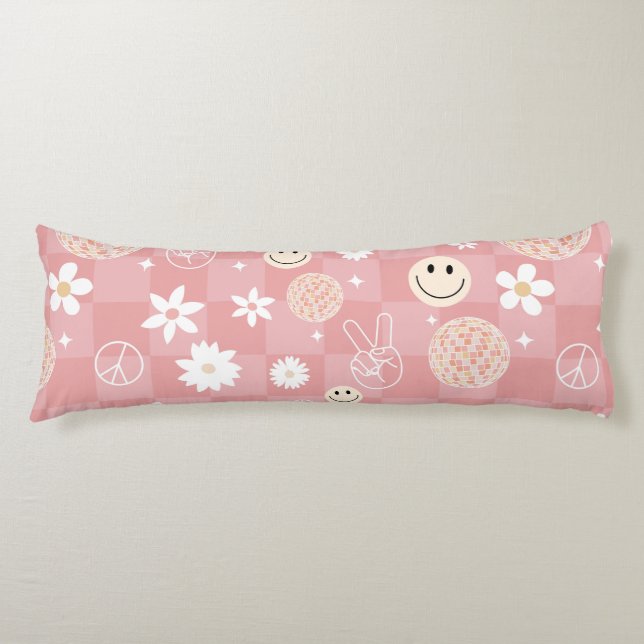 Retro Pink Groovy Checkered Hippie Muster Seitenschläferkissen (Vorderseite)