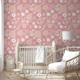 Retro Pink Groovy Checkered Hippie Pattern Girl Tapete