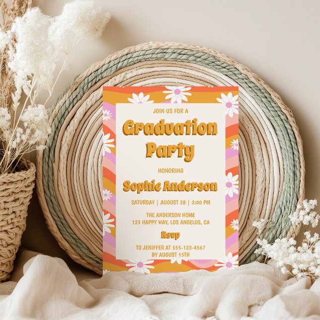 Retro Pink Groovy Daisy Floral Graduation Party  Einladung (Von Creator hochgeladen)
