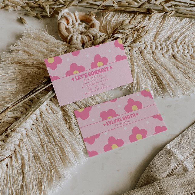 Retro Pink Groovy Floral Boho Girly Unique 70s Visitenkarte (Von Creator hochgeladen)