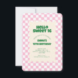 Retro Pink Groovy Schachbrett Sweet 16 Einladung<br><div class="desc">Retro Pink Groovy Schachbrett Muster Geburtstagsparty</div>