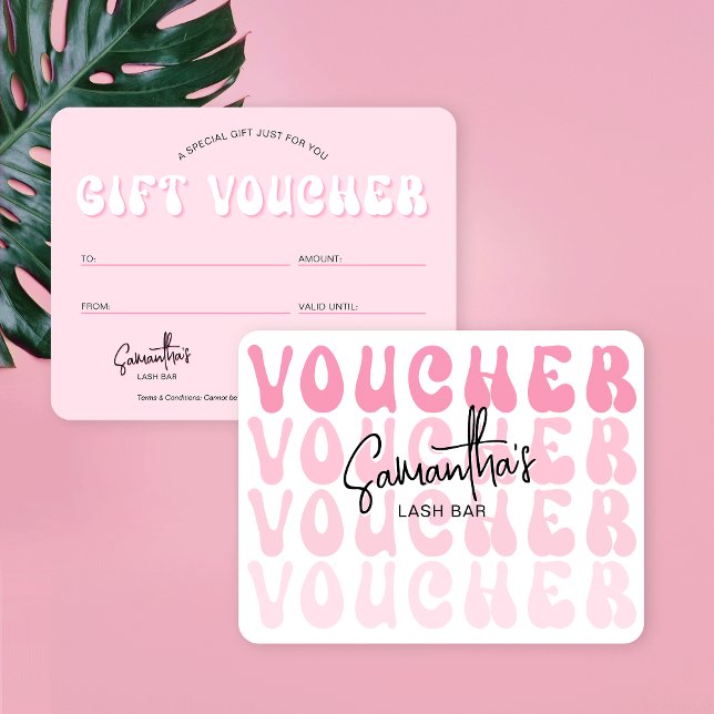 Retro Pink Groovy Trendy Beauty Salon Gutschein Karte (Trendy pink and white gift voucher cards with retro fonts and space for your logo and details)