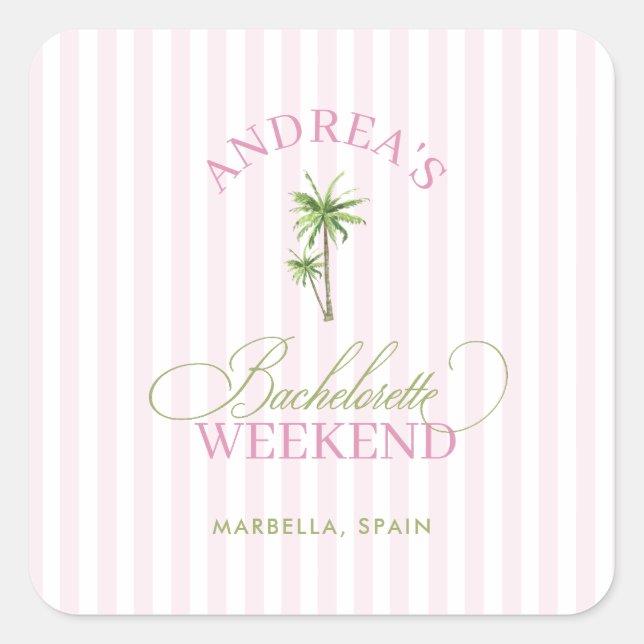 Retro Pink & Grüne Palme Strand Junggesellinnenabs Quadratischer Aufkleber (Vorderseite)