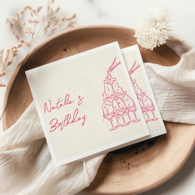 Retro Pink Hand Drawn Champagner Tower Fun Geburts Serviette (Von Creator hochgeladen)
