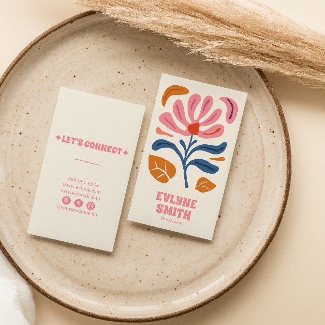 Retro Pink Hand Gezeichnet Groovy Floral Boho Girl Visitenkarte (Von Creator hochgeladen)