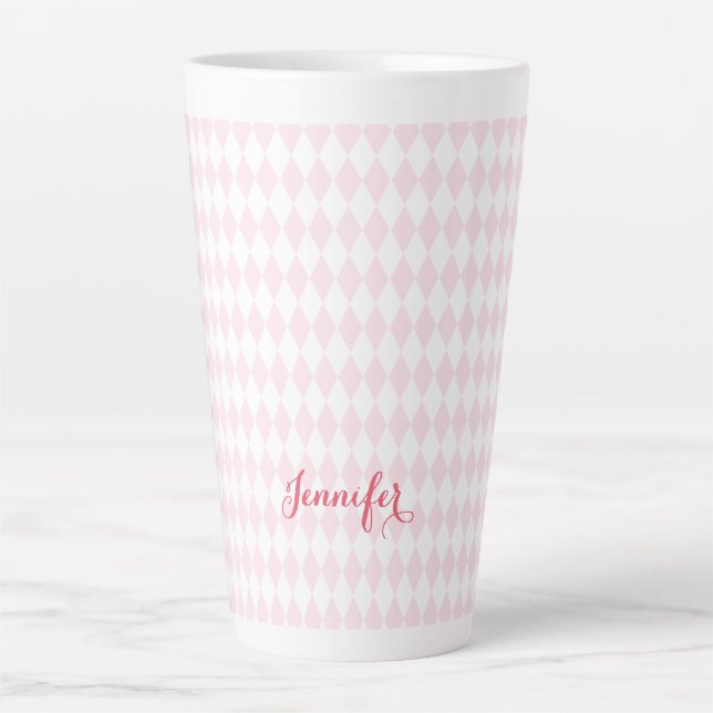 Retro Pink Harlequin Muster Elegantes Mit Monogram Milchtasse (Vorderseite)