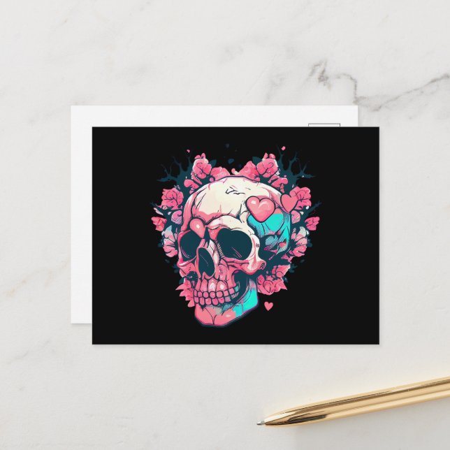 Retro Pink Hearts Skull Postkarte (Vorderseite/Rückseite Beispiel)