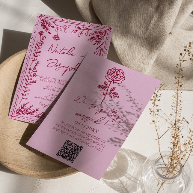 Retro Pink Himbeer-QR-Code gezeichnete florale Hoc Einladung (Von Creator hochgeladen)