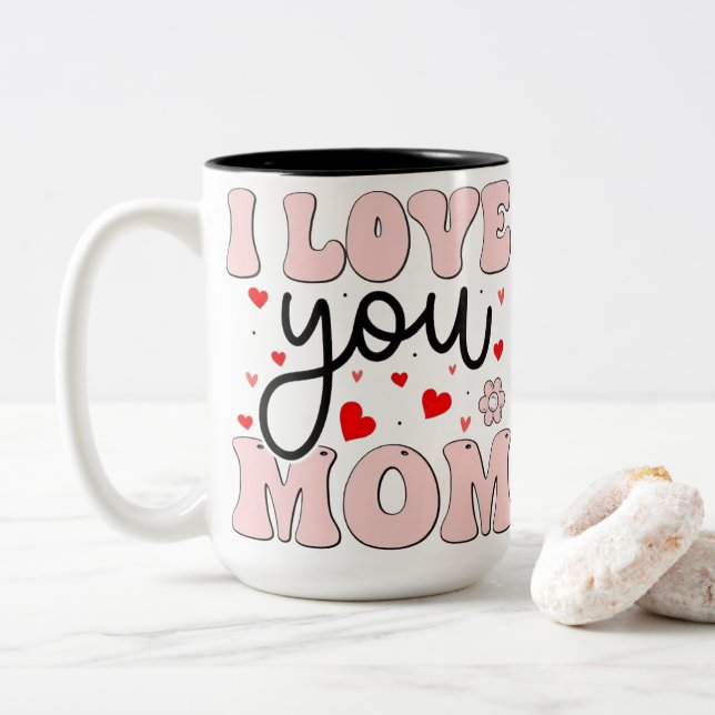 Retro Pink I Love You Mom Mother's Day Hearts Grap Zweifarbige Tasse (Mit Donut)