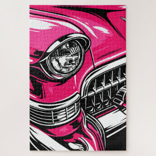 Retro Pink Klassiker Auto Front Pop Art Illustrati Puzzle