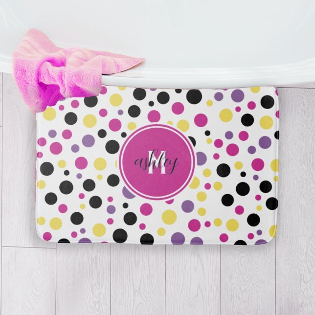 Retro Pink Lila Monogram Polka Dots Badematte (Von Creator hochgeladen)