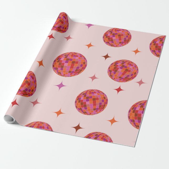 Retro Pink Lila Orange Balls mit Sternen Geschenkpapier (Ungerollt)