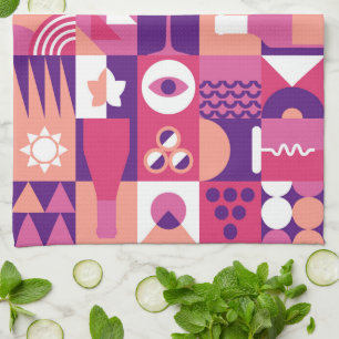 Retro Pink Lila Wein Bauhaus Muster Geschirrtuch