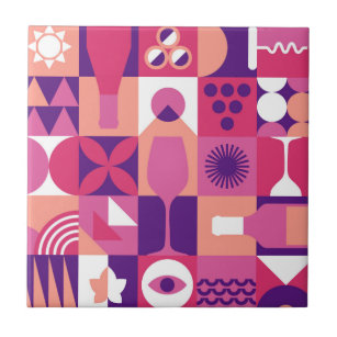 Retro Pink Lila Wine Bauhaus Muster Fliese