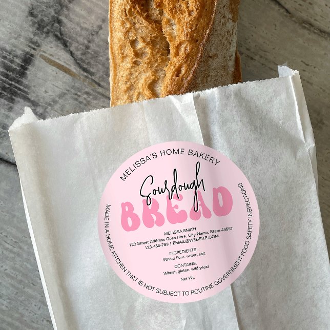 Retro Pink Loaf Brot, Erythropogene Zutaten Etiket Runder Aufkleber (Trendy pink bread baker packaging stickers with ingredients & your business name)
