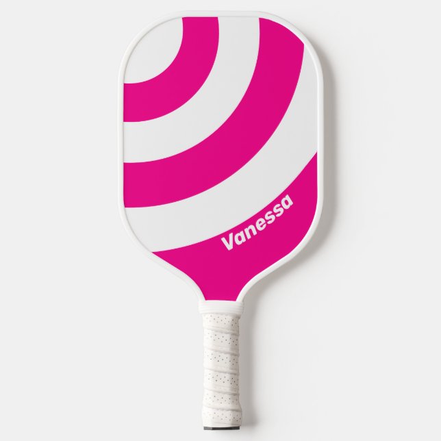 Retro Pink Lollipop Drei Kreisel Streifen mit Name Pickleball Schläger (Vorderseite)