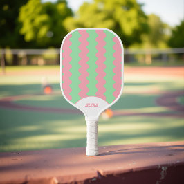 Retro Pink & Mint Green 70er/90er Streifen & Squig Pickleball Schläger