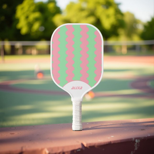 Retro Pink & Mint Green 70er/90er Streifen & Squig Pickleball Schläger (Von Creator hochgeladen)