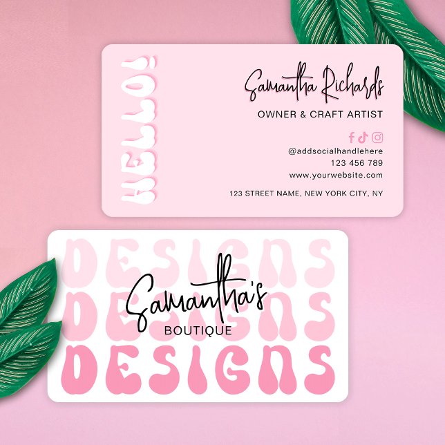 Retro Pink Modern Girl Logo Crafter Designer Visitenkarte (Modern girly artist crafter and designer business cards with retro fonts in pink aesthetic)