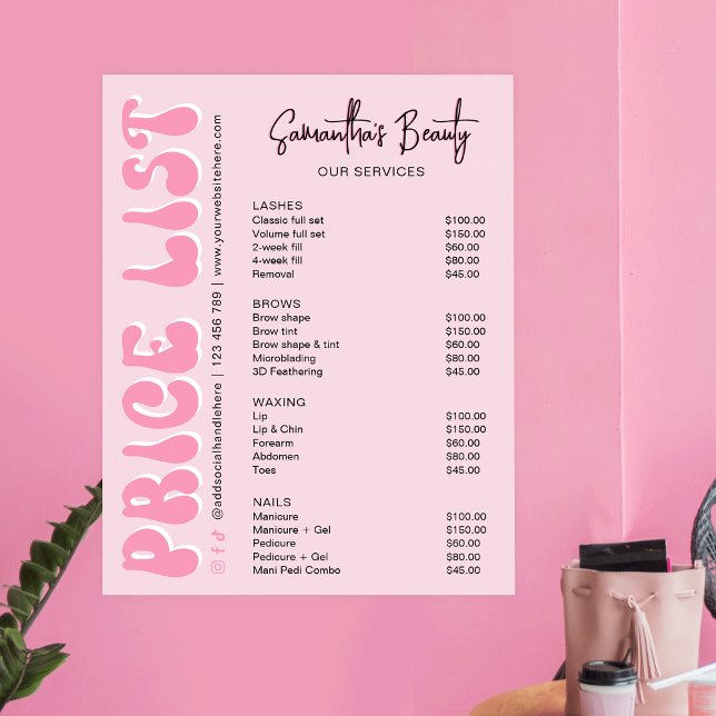 Retro Pink Modern Lash Salon Preisliste Poster (Retro pink aesthetician price list of services poster template)