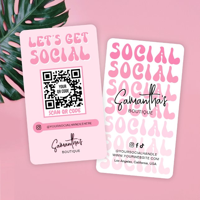 Retro Pink Modern Logo Social Media QR Code Visitenkarte (Trendy blush pink QR code social media business cards with retro fonts and modern design)