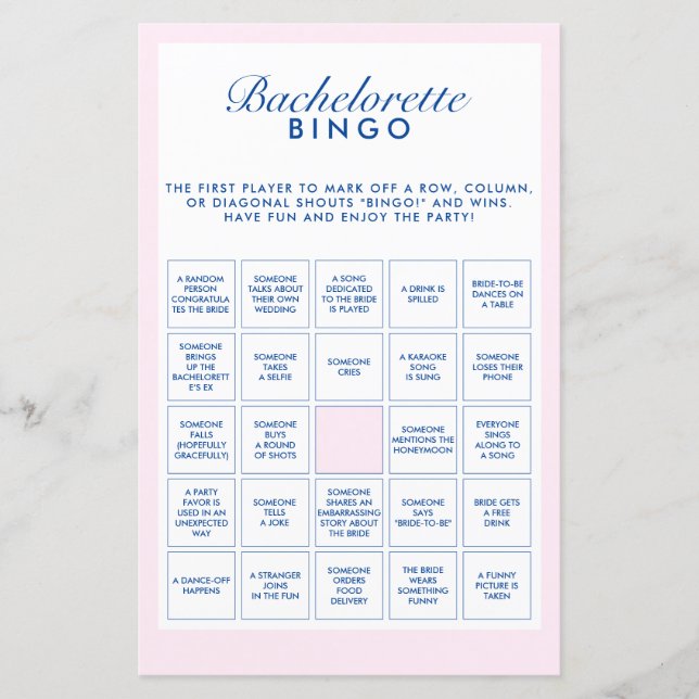 Retro Pink & Navy Blue Bachelorette Bingo Game (Vorderseite)