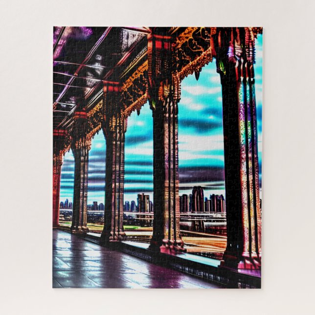 Retro Pink Neon Farben gezeichnet Fun Wild City Puzzle (Vertikal)