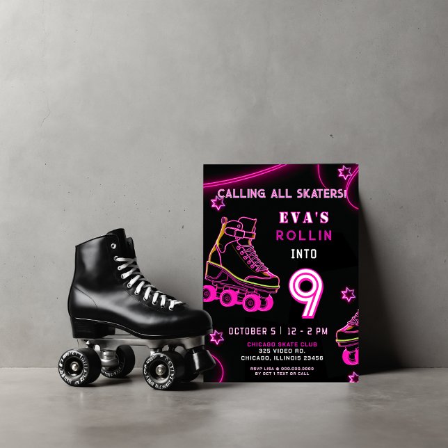 Retro Pink Neon Glow Roller Skate Geburtstag Einladung (Retro Pink Neon Glow Roller Skate Birthday Invitation)