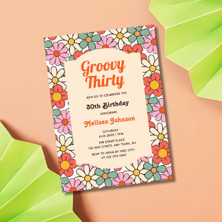 Retro Pink Orange Blumengroovy 30. Geburtstag Einladung